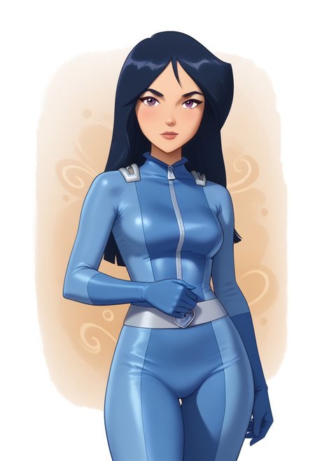 score_9, score_8_up, score_7_up, score_6_up, score_5_up, score_4_up, btimmsketch, cowboy Shot, britney \(totally spies\), long hair, blue hair, purple eyes, blue gloves, blue bodysuit, zipper, belt, looking at viewer, standing, pin-up pose, sexy, halftone effect, white borders, abstract background:1.5