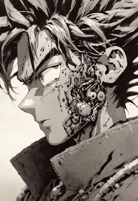 Monochrome with color spots, photo in phst artstyle, mechanical parts, wires, cables, cyberpunk, closeup portrait of PESonGoku with a half robot face, pastel pink/white colored, closeup photo of an wired-cyborg so'n Goku with half robot face wearing a black high collar parka with technical macro writing resembling an Dragonball on the back, solo, man, high collar parka, upper body,, male focus, long hair in wind, fists, clothes writing, crepuscular rays, volumetric lighting, ultra detailed, deep Blacks, very detailed, atmospheric haze, Film grain, cinematic film still, shallow depth of field, highly detailed, high budget, cinemascope, moody, epic, OverallDetail, 2000s vintage RAW photo, photorealistic, candid camera, color graded cinematic, eye catchlights, atmospheric lighting, imperfections, natural, shallow dof