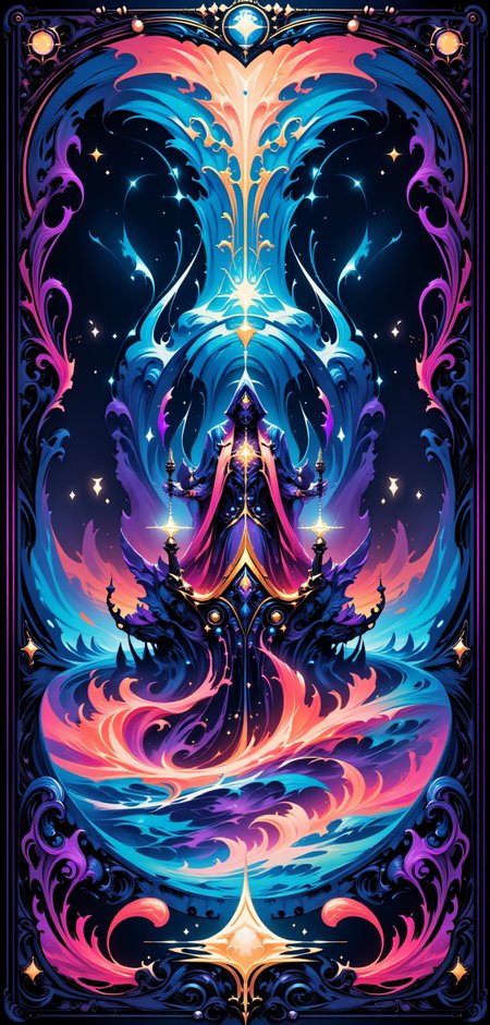 A stylized Tarot card named 'The Ethereal Captain,' depicting a futuristic galleon drifting through a dreamlike sea of vibrant, neon waves under a sky filled with pulsing, technetic stars. The ship, reminiscent of the legendary 'Lisette,' is made of a sleek, dark metal with glowing filigree and sails that appear woven from pure light. The central figure, 'The Captain,' stands at the prow, shrouded in a cloak that glows softly with embedded stars, their face hidden behind a mask of shifting, holographic patterns. They hold an ancient, glowing sextant, guiding the ship through the ever-changing tides of the cosmos. The cardâs border is decorated with intricate, swirling designs that merge traditional maritime symbols with futuristic elements, radiating a soft, otherworldly light.
<lora:abstract_render_flux:0.4>,<lora:Painted_World_Flux:0.8>,<lora:Dreamwave_FLUX:0.6>,<lora:dreamlands_flux:0.6>,