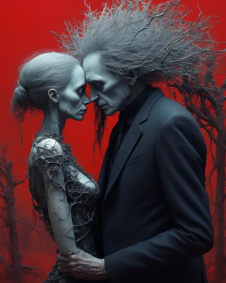 heartbroken liches, married liches getting a divorce, romance lost, heartache, sad, melancholy, Tim Burton, Nicola Samori, Beksinski,  dystopian surrealism, vivid intense colors, red, silver, ultra focus, <lora:add-detail-xl:1> <lora:xl_more_art-full_v1:0.6>  <lora:XSfenlie:1> fenliexl