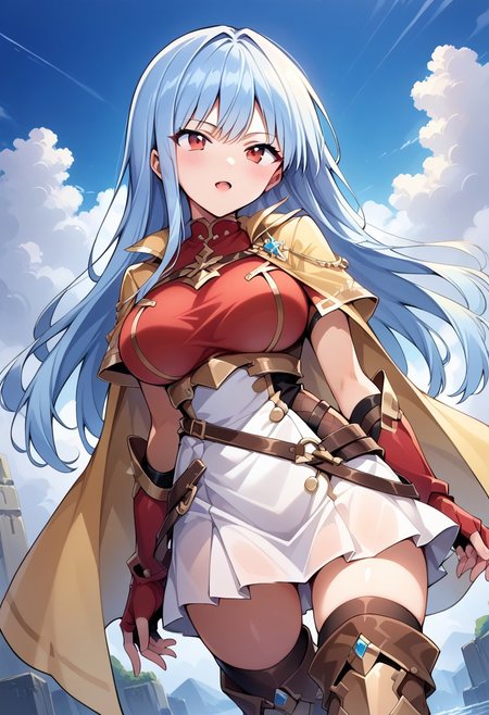 score_9, score_8_up, score_7_up, masterpiece, high quality, source_anime, 1girl, solo, dutch angle, sky,
nayuki hiori, red eyes, light blue hair, long hair, large breasts, 
red shirt, gold trim, gold-trimmed armor, yellow cape, red gloves, fingerless gloves, brown straps, white skirt, thigh boots, armored boots