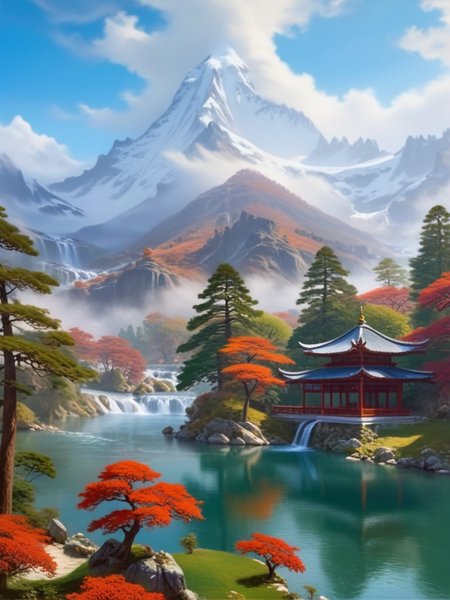 <lora:06NatureArt_Hap_XL:3.9>, Albert Bierstadt style,  fantasy landscape,  mountains, snowy peaks, waterfalls, rivers, traditional pavilion, pine trees, clouds, mist, clear sky, floating petals, lush greenery, rocks, orange foliage, red flowers, serene, water bodies, pagodas, untouched nature, harmony, calmness, fictional scenery, east asian architecture, natural elements, tranquil, expansive view, sunlight, idyllic, reflection in water, snowy caps, artistic brush strokes, panoramic, depth of field, composition balance, blue sky, white clouds, serene atmosphere, ornate roof, peacefulness, nature fantasy, mythical, elaborate scenery, biodiversity, escapism, peaceful village, galaxy blue dust, majestic landscape, faraway land, fantasy realm, masterpiece, very aesthetic, newest, cartoon style,