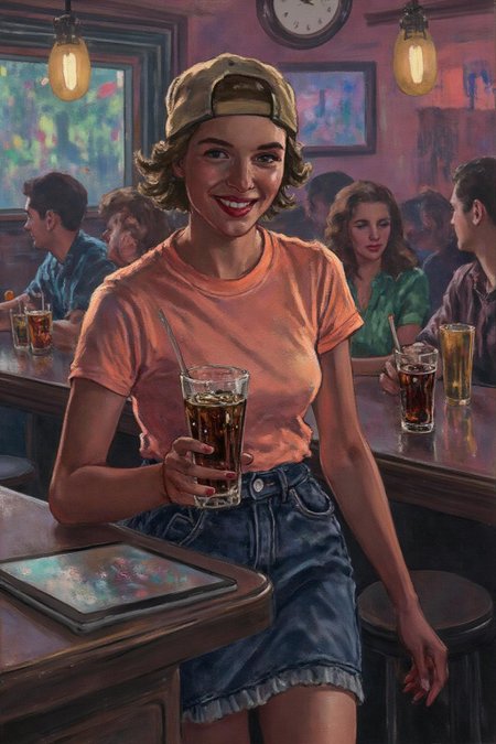 ethelleontinegabain1 painting.
 The air buzzes with the energy of a busy bar, a mix of music, conversation, and the clinking of glasses. A barmaid, the embodiment of youthful vibrancy, navigates the lively scene. She wears a peach-coloured T-shirt, the soft fabric contrasting with the smooth, cold glass of coke she carries on a small tablet. Her short skirt adds a playful touch, and a backwards baseball cap hints at a carefree attitude. The setting and atmosphere are palpable: the warm, slightly sticky surface of the bar counter under her fingertips, the dim, colourful lighting that casts playful shadows. Sensory details are abundant: the condensation forming on the glass of coke, the texture of her denim skirt, and the way the bar lights catch the highlights in her hair. Her confident stride, her quick smile, and her efficient movements. Stylistically, the image draws inspiration from the vibrant, candid shots of nightlife photographers, with a touch of the stylized realism found in contemporary illustration. There's a deliberate contrast between the barmaid's youthful energy and the slightly worn, lived-in atmosphere of the bar, creating a dynamic and engaging image. <lora:ethelleontinegabain1_cap_d8a4:1.0><lora:862158094451404677:0>