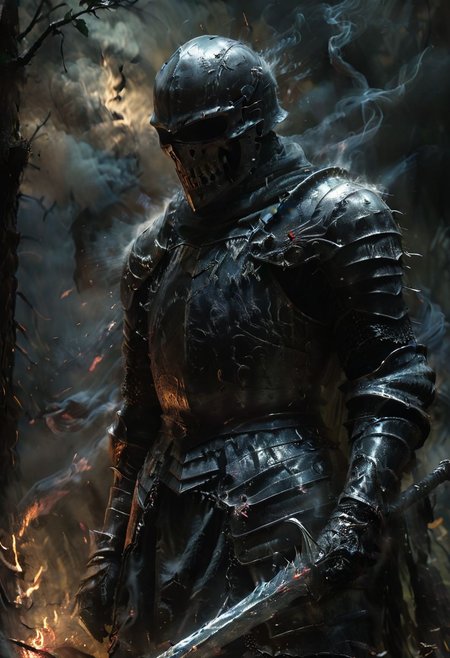 a wandering Darkwraith Knight from Dark Souls, black desolated armor, skull mask helmet, holding in hand desolated corrupted blade, walking at forest at night, low light,