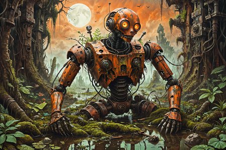 a vivid scifi illustration of fantastical surreal broken rusted and overgrown war robot drowned in a swamp, destroyed weapons, machinery, moss, leaves, trees, jungle, dark-orange sky,
 <lora:Dystopia:0.25> <lora:The_Crazy_Style:0.3> 
 <lora:linquivera:0.7> linquivera
 <lora:illusionix:1>  illusion