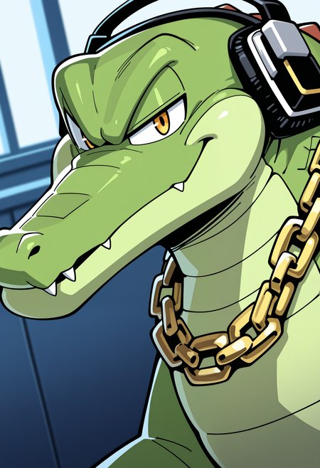 masterpiece,best quality,amazing quality, 1boy, solo, v3ct0r, crocodilian, yellow eyes, headphones, gold necklace, close up, side angle, smug,