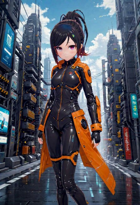 techware, highly detailed,1 girl,full body,rin,futuristic city background