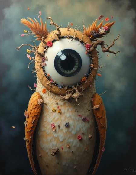 A surreal oil on canvas of a barn owl with a single large eyeball in place of its face. The composition is dreamlike, featuring a mix of textures, such as feathers merging with abstract shapes, and pieces of collage-style cut-outs around the owl. The background is an ethereal swirl of colors with a subtle organic pattern, blending with dark shadows, creating a sense of eerie beauty and mystery.