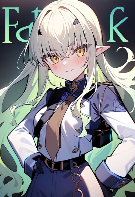 1girl, Melusine \(fate grand order\), fate grand order, solo, long hair, hat, white hair, pointy ears, yellow eyes, peaked cap, jacket, black gloves, hand on own hip, closed mouth, hair over one eye, looking at viewer, brown necktie, large breasts, eyes visible through hair, smile, long sleeves, side ponytail, gloves, upper body, light green hair, character name, necktie, breasts, english text, blush, black headwear, white jacket, 
masterpiece,best quality,  newest, absurdres, safe <lora:ag31_twin_fp8-000036:1>