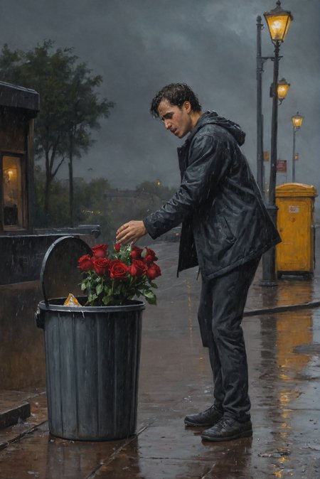 a young man, throws a bouquet into a open trash can, cast, rose,  crying, sad, (bus stop:0.2), 
(in the style of nicola:1.2), (oil painting:0.1), dark theme, (rain:0.5), (thunderstorm:0.5) 
<lora:ClassipeintXL1.9:0.5>  <lora:add-detail-xl:1>  <lora:NicolaSamori:1>, (best quality, 8K, high resolution, extreme detail, HDR, outstanding composition:1.4),