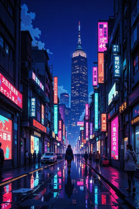 a cyberpunk street full of futuristic technology beautiful  landscape, bright luminous night, woman, very intricate, very detailed, sharp, bright, colorful, <lora:Hand v2:0.5> <lora:Anti-Blur:1><lora:Insane Detail Slider:0.25>  <lora:flux.1_lora_flyway_Epic-detail_v2:0.3> <lora:fluxenhancer:0.25> <lora:ROWER:0.6> <lora:flux-charmer-v1-1:0.4><lora:Vibrantly_Sharp_style_v.5:0.4>  <lora:CPA:1> anime, cyberpunk