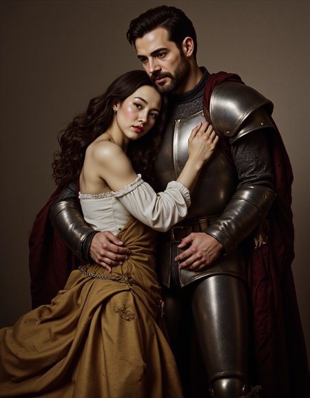 <lora:detailed style v1:0.5> , <lora:perfection style v1:0.3>, <lora:AntiBlur:3>, <lora:Style_of_Roberto_Ferri (Civitai):1>, 19th-century Victorian oil painting by Robero Ferri
a valiant knight in medieval armor with short hair and full beard, embracing a shorter woman dressed as medieval royalty