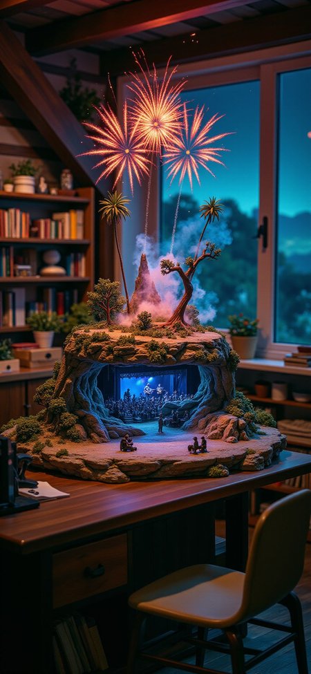 (indoor,very wide isometric view,tilt-shift lens:1.6), (windowless,fna_style,miniature,miniature,diorama,miniature,diorama,PVC,plastic:2),starry night desert,forest,led with fiber lights,fireworks,concert with crowded  at (floating island,levitating  island:1.5) on (table:2) at (attic:2.5)   <lora:Diorama_Flux:1>
<lora:Fantasy_Novel_Art_Style:1>