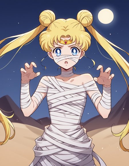 score_9, score_8_up, score_7_up, source_anime, <lora:usagi-tsukino-eternal-movie1-ponyxl-lora-nochekaiser:1>, usagi tsukino, blonde hair, blue eyes, double bun, hair bun, hair ornament, long hair, twintails, circlet, parted bangs,, <lora:mummy-costume-ponyxl-lora-nochekaiser:1>, mummy costume, bandages, halloween costume, bandaged arm, zombie pose, bandage on face,, desert, moon, night, open mouth,, cowboy shot
