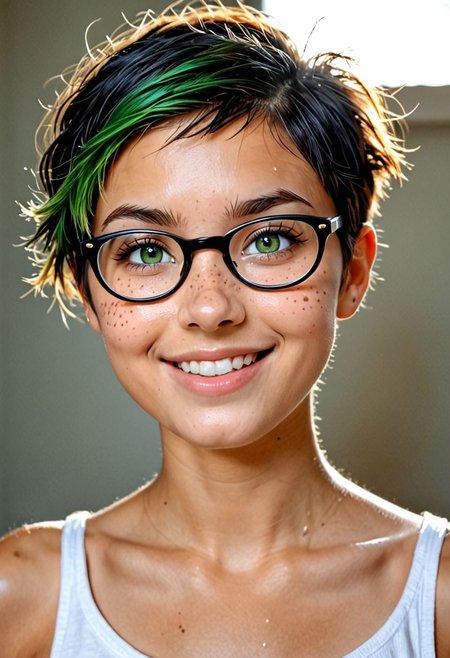 score_9, score_8_up, score_8, Photorealistic, real photo, void background, god rays, 1girl, 20 years old woman,  (masterpiece),(Realistic photo),(sharp focus),(High quality),(RAW photo 8k),(Photograph),Ultra detailed realistic skin texture), (realistic skin pores), realistic, 1girl, cute perfect face, realistic, 1girl, inocent face,  black hair, two tone hair, green hair, pixie hair cut, square frame glasses, tan skin, green eyes, cross eyed, freckles, blush,  pouty lips, big round eyes, tan skin, Narrow shoulders, (disappointed smile ,unimpressed)