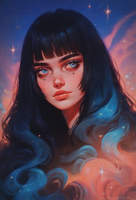 score_9, score_8_up, score_7_up, score_6_up, VitWaterStyle, 1girl, close-up, partial face, large blue eyes, long lashes, black hair, bangs, glossy lips, freckles, pink and blue sparkles on face, looking to the side, detailed, soft lighting, ethereal glow, dreamy atmosphere