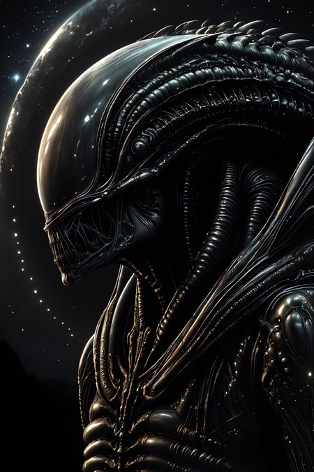 ((masterpiece, best quality)), illustration, graphic novel, science fiction, horror, fantasy, portrait of an alien creature, galactic night sky background,
<lora:tbh295-:0.7> style of H.R. Giger, 
<lora:XenomorphDNA:0.9> xenomorphdna,