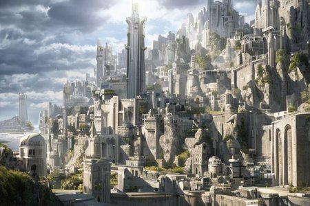 "A windswept hilltop overlooking the sprawling city of Minas Tirith, where white towers gleam in the sunlight and the banners of Gondor flap defiantly in the breeze, as brave warriors prepare for the coming storm and the fate of Middle-earth hangs in the balance. Majestic, defiant, grand, epic, resolute, fortified." Numenor