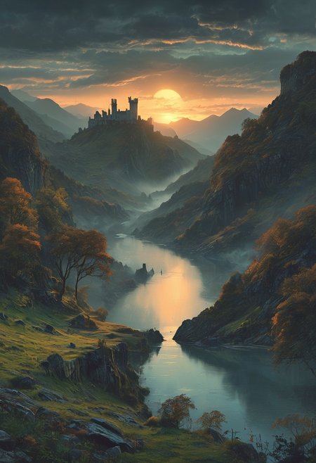 A captivating night scene illustration featuring a beautiful castle on a large  hill overlooking a lake in Wales.   The castle is ancient but well maintained and updated and comfortable to live in.  This enchanting artwork captures a serene and peaceful early morning, where the sun is just starting to rise over the beautiful hills and castle which   stands resolute amidst hills of Wales, creating a cinematic experience., illustration, cinematic
<lora:DonM3t3rn1tyXL-v1.1:0.7>, DonM3t3rn1tyXL,
OverallDetailXL  <lora:MJ52:0.3>  <lora:SDXLFaeTastic2400:0.4>  <lora:EpicF4nta5yXL:0.7>
