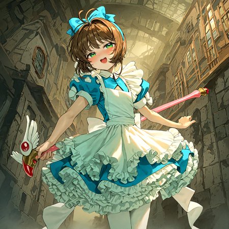 yoneyama mai, rmunakata_(sekimizu_kazuki):1.2,mogudan:0.7, hamada_yoshikazu:0.8, quasarcake:0.8,toraishi 666:0.8,flanvia:0.9 ,negative space, retro_artstyle,
masterpiece, highres, absurdres, newest,
1girl, kinomoto sakura, dress, 1990s (style), blue dress, puffy sleeves, green eyes, open mouth, solo, bow, holding, short sleeves, puffy short sleeves, brown hair, fuuin no tsue, smile, short hair, apron, looking at viewer, frills, :d, blue bow, antenna hair, hair bow, white background, bangs, white bow, hairband, petticoat, frilled dress, white apron, magical girl, wand, frilled apron, cowboy shot, blue hairband, holding wand, 
, detailed background, sweat, in heat, steaming body,flat breast,flat chest, half-closed eyes,,white pantyhose, deep night, outdoors, city backgound, city, thick thigh, ,solo,
<lora:ponyv4_noob1_2_adamW:0.5>, <lora:add-detail-xl:0.5>, <lora:Card Captor Sakura Anime_XL:0.3>,<lora:illustrious_noobai_epsilon_pred_1_best_quality_v1:0.7> ,<lora:illustrious_noobai_epsilon_pred_1_masterpieces_v1:0.7>,