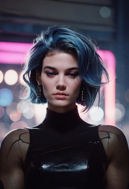 score_9, score_8_up, score_7_up, cyborg, ar3na1989, Kodak Motion Picture Film Style, 1girl, blue hair, (neon purple light), pop singer, (bokeh), sci-fi, dark atmosphere, moody, aesthetic,