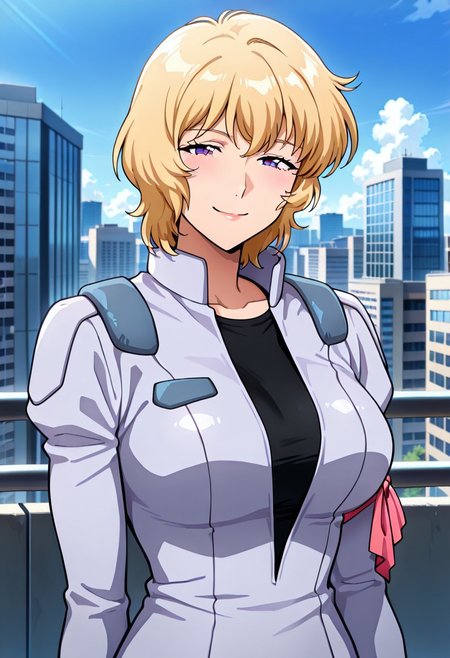((masterpiece, absurdres)), best quality, amazing quality, newest, 4k, anime coloring, very aesthetic, ray tracing, Smooth Quality, CG,city view,peggy, 1 mature female, blonde hair, short hair, pilotsuit,black t-shirt, arm ribbon,upper body ,smile