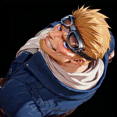 RESET, score_9,score_8_up,score_7_up, Highest Quality, 4k, masterpiece, Amazing Details, best quality, detailed image, good illumination, source_furry, rating_explicit, proportionate body, BREAK, solo, daddy, high testosterone, bara, (hyper muscles:1.3), handsome, sexy, confident, badass, (sexy grin:1.0), (hyper pectorals:1.3), (hyper biceps:1.3), (looking at viewer:3.0), (black background:3.5), close up, (upper body focus:3.5), (six pack abs:1.3), (veiny muscle:1.3), (sweaty:1.3), 
(detailed eyes:2.0), (detailed face:2.0), (perfect face:2.0), (perfect eyes:2.0), 
(from above:4.5), (Dutch angle shot:3.0),
(standing:3.1), 
(hands on hips:2.0),  
CidHighwindFF, short hair, blonde hair, blue eyes, stubble, mature male, muscular, bandaid,
aviator goggles, blue denim jacket, white scarf, grey shirt, brown leather gloves, belt, brown pants, brown cross-laced boots,