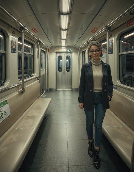 A modern subway train,Subw4y tr41n, in motion, with a single woman standing near the center of the train car, holding onto a shiny metal pole for balance as the train glides along the tracks. The woman is dressed casually yet stylishly, wearing a long black coat over a beige turtleneck sweater, paired with slim-fit jeans and ankle boots. Her hair is neatly tied back into a low bun, with a few loose strands framing her face. She has a thoughtful, calm expression, her gaze directed slightly downward as if lost in her own world. In her other hand, she holds a small tote bag, its strap looped over her wrist, with a paperback book peeking out from the top.
The subway car is clean but shows subtle signs of daily use. The walls are lined with muted gray panels, and the seats along the edges of the car are upholstered in a dark blue fabric, slightly faded from wear. Overhead, fluorescent lighting casts a bright, even glow across the interior, causing faint reflections on the polished floor, which is marked with the occasional scuff from commuters' shoes. Metal grab handles hang from above, gently swaying with the trainâs movement, and shiny steel poles are strategically placed throughout the car.
The windows on both sides reveal a blurry, motion-filled view of the dark subway tunnel, interspersed with flashes of graffiti-covered walls and dim utility lights. Above the windows, digital displays show the next stop in bright LED text, along with a route map that runs the length of the car. Small advertisements are mounted on the walls, showcasing everything from city events to product promotions, some with vibrant colors that add subtle contrast to the neutral tones of the train.
The atmosphere feels still and introspective, with the soft hum of the train and the occasional squeal of the wheels on the track. The train is sparsely occupied, with a few empty seats and subtle details like a forgotten coffee cup on one bench and a folded newspaper lying on the floor. The overall mood is quiet and reflective, capturing a moment of solitude and thoughtfulness during an ordinary subway ride.<lora:SDXLFaeTastic2400:0.4> <lora:extremely_detailed:0.4> extremely detailed, <lora:Subw4y_tr41n:1>, Masterpiece,best quality,hi res,8k,hi res,8k,award winning,(sharp focus, intricate, highly detailed),