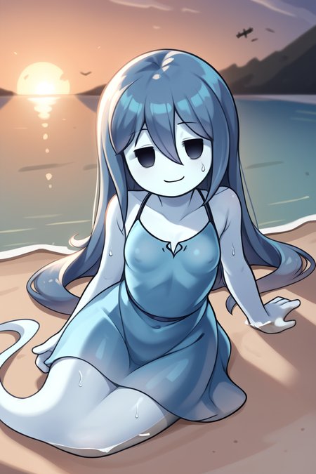 score_9, score_8_up, nsfw, score_7_up, <lora:Spooky:0.9>  spooky (sjm), ghost girl, solid oval eyes, smile, transparent, colored skin, long blue hair, small breasts, blue dress, solo, sunrise lighting, hot summer day, sweaty, laying on side, sexy, horny eyes, looking at viewer,, beach, sand, ocean, water, moonlight,,