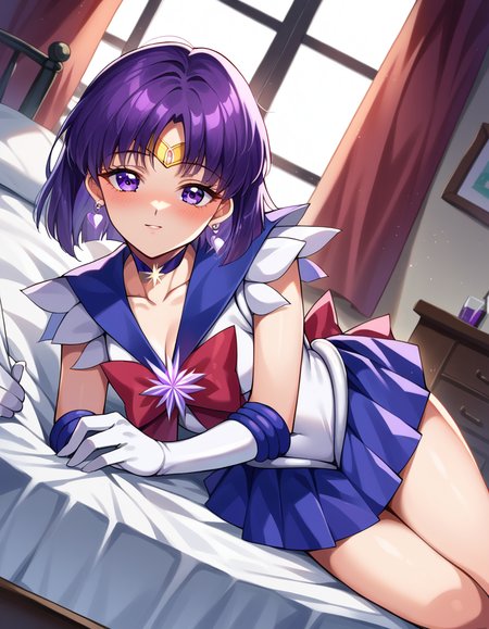score_9, score_8_up, score_7_up, source_anime,
sailorsaturn, <lora:sailor-saturn-ponyxl-lora-nochekaiser:1>
sailor saturn, purple eyes, short hair, purple hair, circlet,
brooch, choker, earrings, gloves, jewelry, magical girl, miniskirt, purple sailor collar, sailor collar, sailor senshi uniform, skirt, star choker, white gloves,
indoors, bed, bed room, on side, blush, drunk,
looking at viewer, cowboy shot, dutch angle,