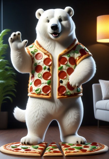 score_9, score_8_up, score_7_up, 
barefoot furry character, male focus,  full body, dynamic pose, eyecatching composition, detailed background.
Hyperrealistic furry art, pizzasdx
Hyperrealistic furry 3d art, male focus, brawny ice bear ((white fur)), 4 toes, shirt (pizza theme), jacket with pizza motives, pants with pizza motives, barefoot, smile, headphones on ears, pose, living room (modern design, plant), listening rock music, dancing as crazy, Photorealistic, (masterpiece:1.5), concept art, intricate details, highly detailed, photorealistic, octane render, 8k, unreal engine, dynamic pose, best quality, highres, (realistic face:1.1), (hyperrealistic:1.1), ((full_body)), perfect eyes, (((perfect hands))),((dynamic background)), low light