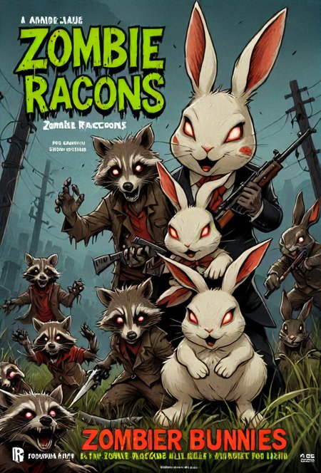 book cover title "Zombie Raccoons & BREAK Killer Bunnies",  <lora:cinexart:0.5>, <lora:wizards_vintage_romance:0.6>, <lora:Harrlogos_v1.1:0.8>,   <lora:Devil_animals_XL:0.8>