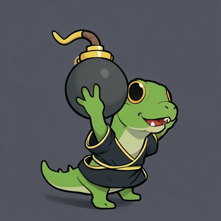 score_9, score_8_up, score_7_up, score_6_up, rating_safe,  <lora:prikkiki-ti:0.8> prikkikiti, green skin, nostrils, lizard tail, black kimono, loose clothes, reptile, bracelet,  <lora:paper_mario_style:1> paper_mario_style, holding bomb, bomb, solo