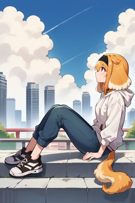 score_9, score_8_up, score_7_up, score_6_up, source_anime, BREAK 1girl, solo, <lora:haremroxanne-pdxl-nvwls-v1-000005:1> roxanne, multicolored hair, dog ears, black hairband, dog tail, white hoodie, jeans, sneakers, sitting, from side, cityscape, looking up, blue sky, clouds
