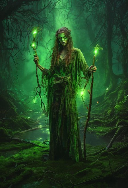 fantasy,medieval Russia fantasy,female druid,(zombie:1.3),(dynamic pose:1.3),entangled with roots,in a swamp,detailed background,(glowing nature magic:1.3),(glowing green eyes:1.1),(glowing green tattoos:1.1),tattered clothing,holding a stick,close up,midnight,(particle effects),floating magic particles, glowing dust
