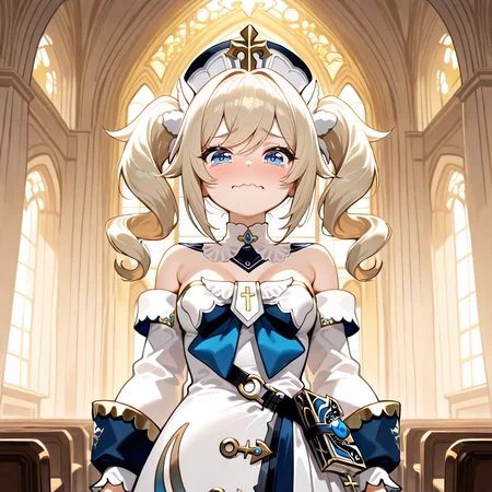 HDA_MasterpieceXLclassic, indoors, church,  <lora:Barbara_-_Genshin_Impact_Illustrious:0.8>  Barbarail, dress, skirt, detached sleeves, detached collar, <lora:concept_aquacrying_ponyXL:1> aquacrying, wavy mouth, closed mouth, tearing up