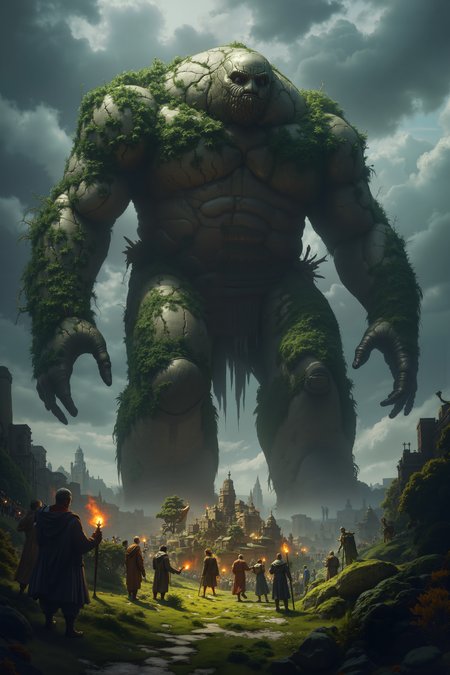 An enormous stone golem, towering over a small village. The golem is ancient, with moss and vines growing all over its cracked surface, and it appears to be slowly awakening. Villagers gather in awe and fear, holding torches and farming tools as they watch the colossus move. The scene is both majestic and terrifying, with dark clouds gathering in the sky. illustration, fantasy, epic scale, dark atmosphere, detailed, dramatic lighting