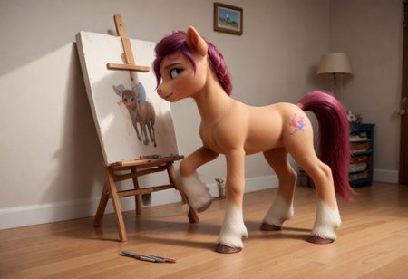 score_9, score_8_up, score_7_up, score_6_up, score_5_up, score_4_up, sunny starscout,
 earth pony, pegasus pony, g5, inside, rich colors, artist workshop, presents a painting of rabbits, aroused, front view, detailed background, pony, solo, detailed, 8k quality, side view, beautiful, teasing, easel and brushes, leaned to the floor, close up,