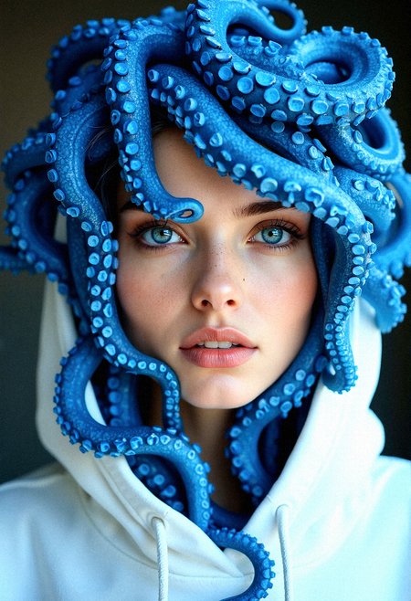 Envision a hyper-realistic of a glamorous beauty with piercing blue eyes, her face adorned by vibrant blue octopus tentacles that entwine around her neck and shoulders.Her hair are made purely from blue tentacles. The tentacles should be rendered with extreme detail, capturing their glossy, textured surface and the intricate patterns of the suction cups. Her pale skin should be softly illuminated, contrasting with the boldness of the blue tentacles, as she wears a white hoodie with subtle, sketch-like folds that add an artistic layer to the realism. Her expression should convey a sense of wonder, with slightly parted lips and a calm demeanor, as if the tentacles are a natural extension of herself. The background should have a gentle blur, bringing sharp focus to the lifelike textures and intricate details of the tentacles and her delicate features, creating a seamless blend of surrealism and photorealism.

With her head slightly tilted to the left, tentacles draping over her shoulders as she gazes directly at the viewer, her piercing blue eyes calm and serene.
