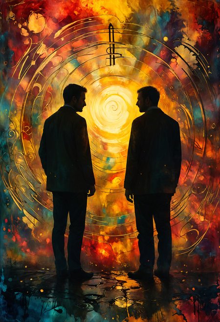 We are the murderous pair, That went to jail and we murdered the murderers there, <lora:Lost_In_Dreams:0.6>, <lora:SDXLFaeTastic2400:0.8>, Golden hour, <lora:ral-colorswirl:0.7> ral-colorswirl