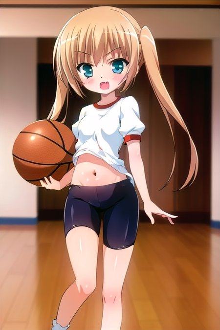 (1girl), masterpiece, best quality, absurdres, cute, extremely detailed face, perfect lighting, (bedroom), misawa maho, twintails, fang, gym uniform, bike shorts,  navel, basketball, running, <lora:misawa_maho:0.8>,