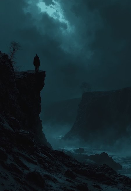 aerial view of a person standing on a vast crater looking down into the dark abyss long enough for the abyss to stare back in form of a errie smirking monstrous abomination,   <lora:MJanime_Flux_LoRa:1>  <lora:- Flux1 - vanta_black_V2.0:.5>