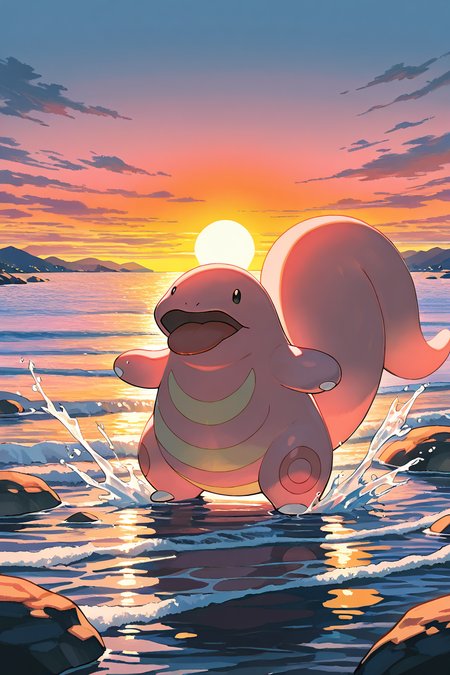 masterpiece, best quality,   Lickitung, no humans, pokemon (creature),  <lora:LickitungPokedexIXL:1.0>,   standing near a river, tongue splashing water, glowing sunset, serene atmosphere, soft and warm lighting, natural setting, vibrant and whimsical