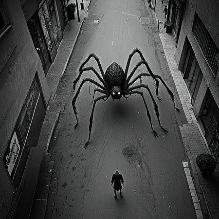 horrorcctvlora, street, horror (theme), monster, spider, monochrome, bird view