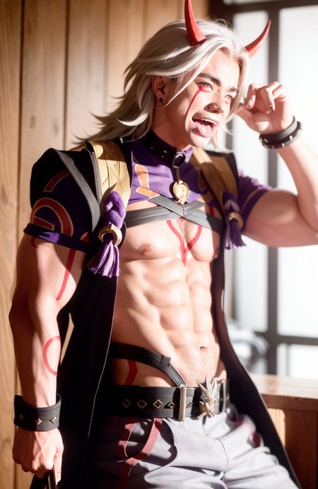 masterpiece, best quality,male focus, 1boy, horns, solo, arataki itto, long hair, red eyes, abs, tongue, vision (genshin impact), white hair, nipples, pubic hair, pants, tongue out, topless male, pectorals, sweat, oni horns, belt, jewelry