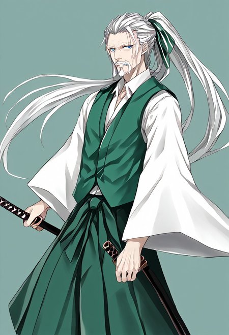 score_9, score_8_up, score_7_up, score_6_up, score_5_up, score_4_up, source_anime, 1boy, solo, 
y0uki, vergil_\(devil_may_cry\), long_hair, blue_eyes, green_vest, whirt_shirt, long_sleeves, wide_sleeves, ponytail, hair_ribbon, hakama_skirt, green_hakama, sword, katana, sheath, sheathed, seven_katana, beard, old_man, green_kimono, facial_hair, white_hair, japanese_clothes, hakama_pants, white_kimono, 
masterpiece, best quality, very aesthetic, absurdres,