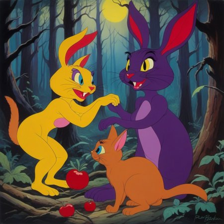 artistic fantasy art of a old animation film, two woman in a forest picking fruits, there is a red and purple bunny and a yellow cat, art by Ralph Bakshi, oilpaint,