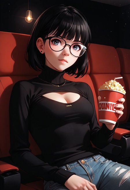 (score_9, score_8_up, score_7_up, highest score, best quality:1.2), zPDXL3, NEGATIVE_HANDS, detail1eye, hi-res. 8k, source_anime BREAK 1girl, reikoif, medium hair, black hair, black eyes  BREAK glasses, open-chest_sweater, black sweater, denim pants BREAK movi3theater, sitting, red seats, dark room, holding popcorn (indoors:1.3), cowboy shot, sharp colors, perfect face, perfect hands, perfect eyes, (detailed realistic background:1.3), (high quality:1.1), (ultra detailed:1.4), <lora:pony_good_hands:0.7>, <lora:add-detail-xl:1>, <lora:xl_more_art-full_v1:0.5>