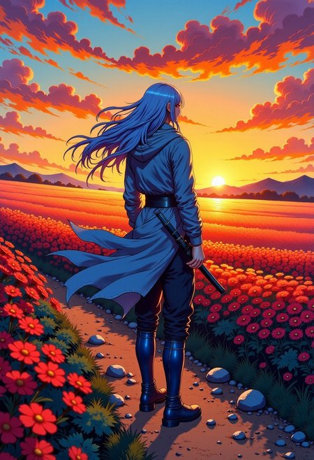 , high quality, high definition, high resolution, 4k, shaders, better lighting, better quality, GHIBSKY style, man with long light blue hair, mid-height with blue knee-high boots and black pants that fold at the boots, wearing a blue coat and a garment around his neck, looking towards the horizon with a katana at hip height, the landscape would be full of red lycoris flowers stretching towards the horizon, with a sunset at golden hour where some rays of sunlight would mark the shape of the subject, his hair would be lifted by the wind.