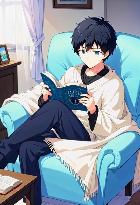 high resolution, solo, best quality, 1Boy, Arata Kaziaki, Black Hair, Blue Eyes, Reading a book, armchair, blanket, quiet,
